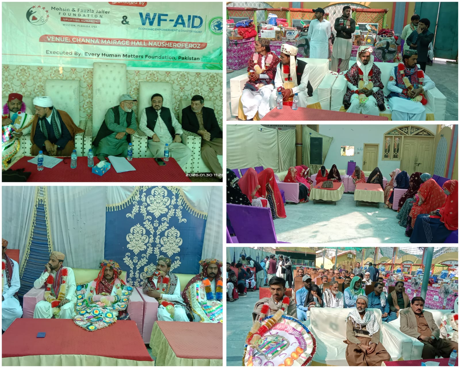 سماجی تنظیم ڈبلیو ایف ایڈ اور محسن معیظ جعفر فاؤنڈیشن کے تعاون سے ایوری ہیومن میٹرز فاؤنڈیشن پاکستان کے زیرِ اہتمام چنہ شادی ہال میں بیس غریب و مسکین جوڑوں کی اجتماعی شادیوں کی پروقار تقریب منعقد ہوئی۔